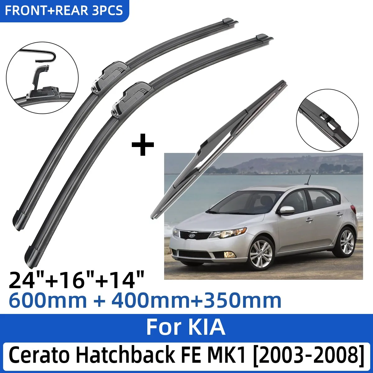 

Щетки стеклоочистителя передние и задние для KIA Cerato Hatchback FE MK1 2003-2008, 24 + 16 + 14 дюймов, 3 шт.