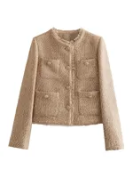 TRAF Women's Jacket Coat Tweed Cropped Jacket New in Outerwears Autumn Winter Crop jacket Woman Long Sleeve Elegant Short Coats 2