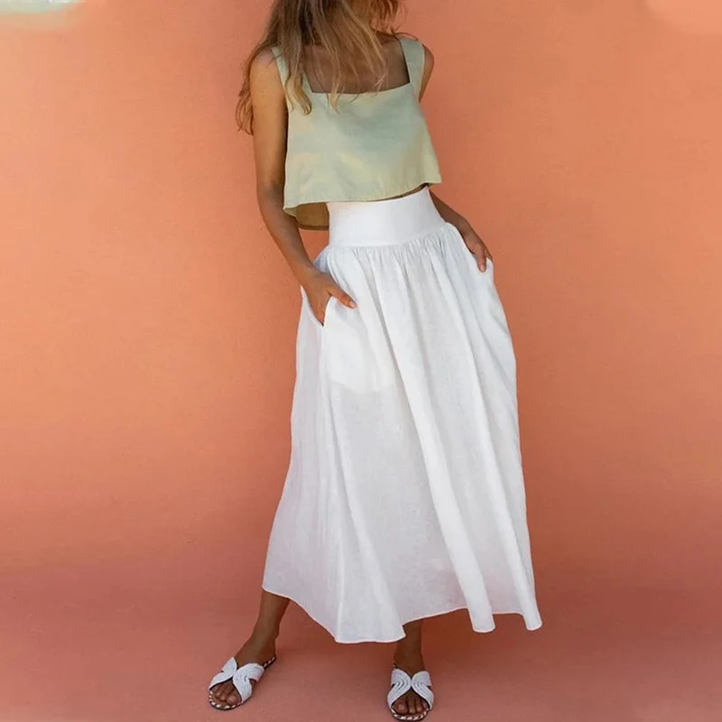 

Женский Повседневный костюм из 2 предметов, модный однотонный топ на бретельках с квадратным вырезом и длинная юбка с карманами, лето