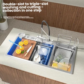 อ่างล้างจานครัวสเตนเลสสตีล 304 แบบมีรูระบายน้ำสองช่องขนาดใหญ่ รุ่นน้ำตกอเนกประสงค์ สำหรับล้างผักและล้างจาน 2