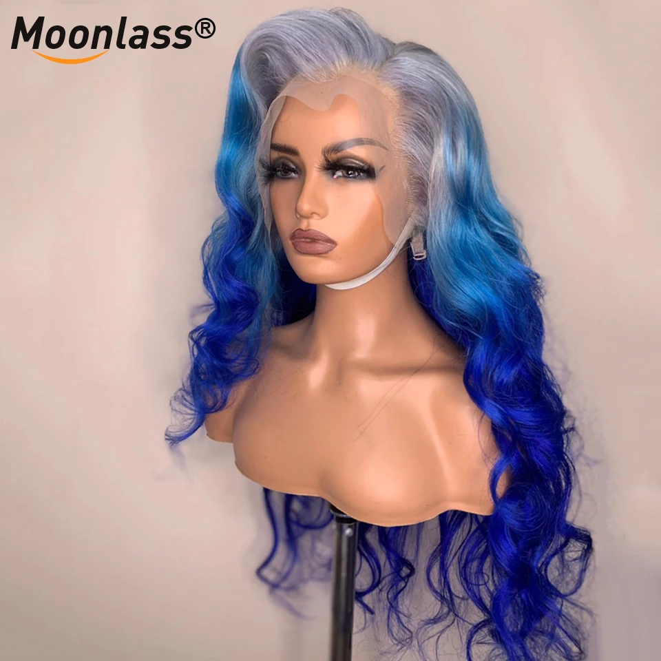 30 Inch Blue Body Wave 13x4 Lace Frontal Human Hair Wigs For Women Blue  Highlight Human Hair HD Transparent Lace Front Wig