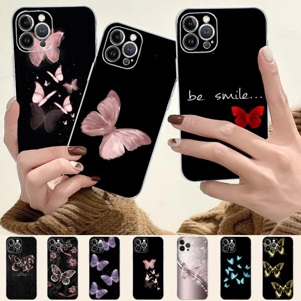 

Beauty Pink Butterfly Phone Case For iPhone 14 11 12 13 Mini Pro XS Max Cover 6 7 8 Plus X XR SE 2020 Funda Shell