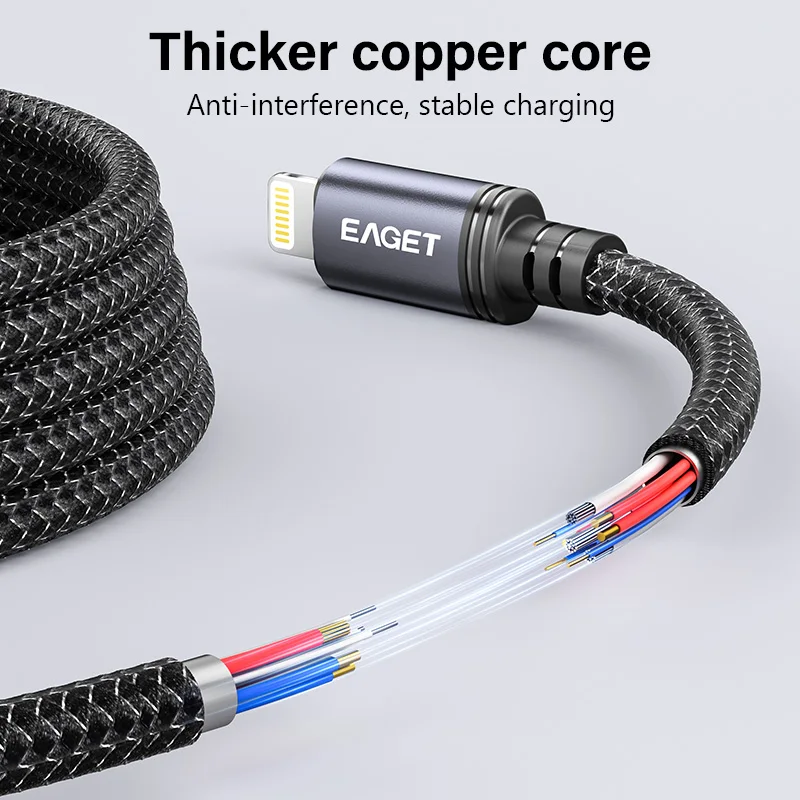 EAGET 30W PD USB C-라이트닝 충전 케이블, 아이폰 14 Pro Max/13/12용 브레이디드 나일론 데이터 케이블