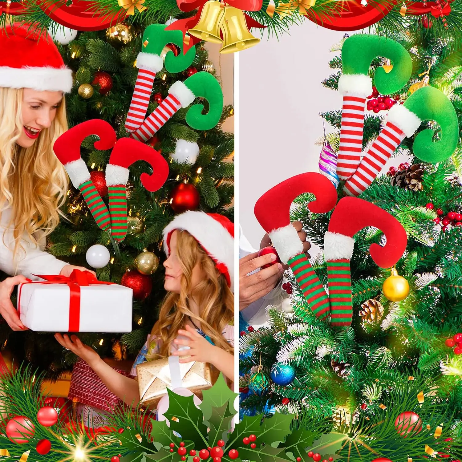 Christmas Elf Legs Boot Pick Striped for Christmas Tree Stuffed Elf Leg Tree Topper for Xmas Navidad Holiday Party Decorations