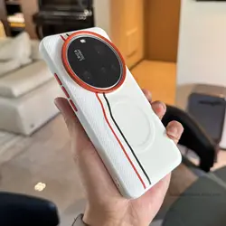 Luxury Magnetic Striped Leather Cover with Metal Lens Frame and Shockproof Bumper - Xiaomi 17 Ultra (White)