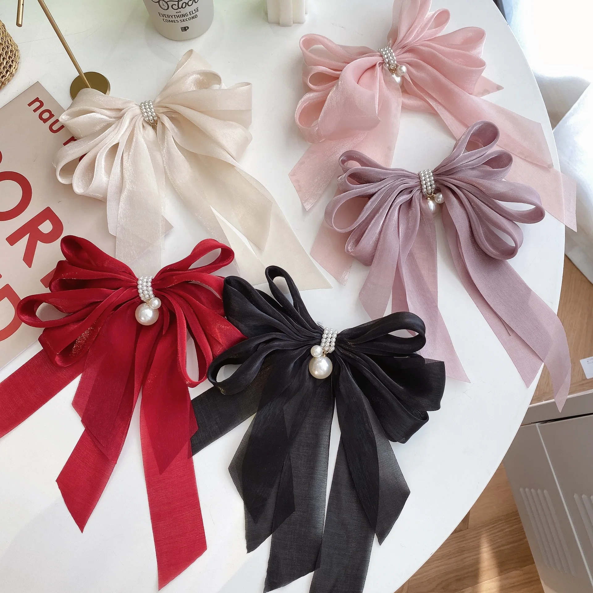 Dropship Summer New Pearl Pendant Big Organza Bow Hair Clip Fashion Hair  Accessory Women's Large Ribbon Bow Hairpin Head Back Top Clip to Sell  Online at a Lower Price