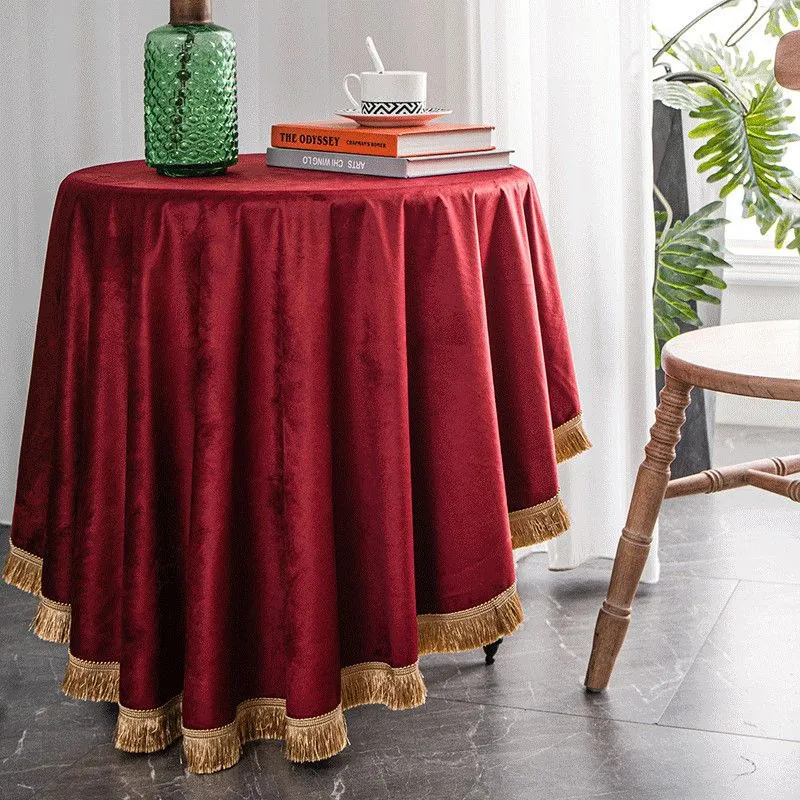 無地タッセルオランダベルベットテーブルクロスグリーンダイニング