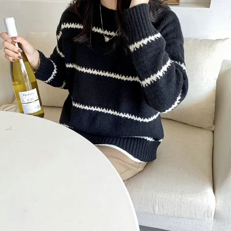 Autumn Women's Pullover Sweater Winter Korean Loose Versatile Long Sleeved Knitted Tops O Neck Striped Casual Elegant Knitwear
