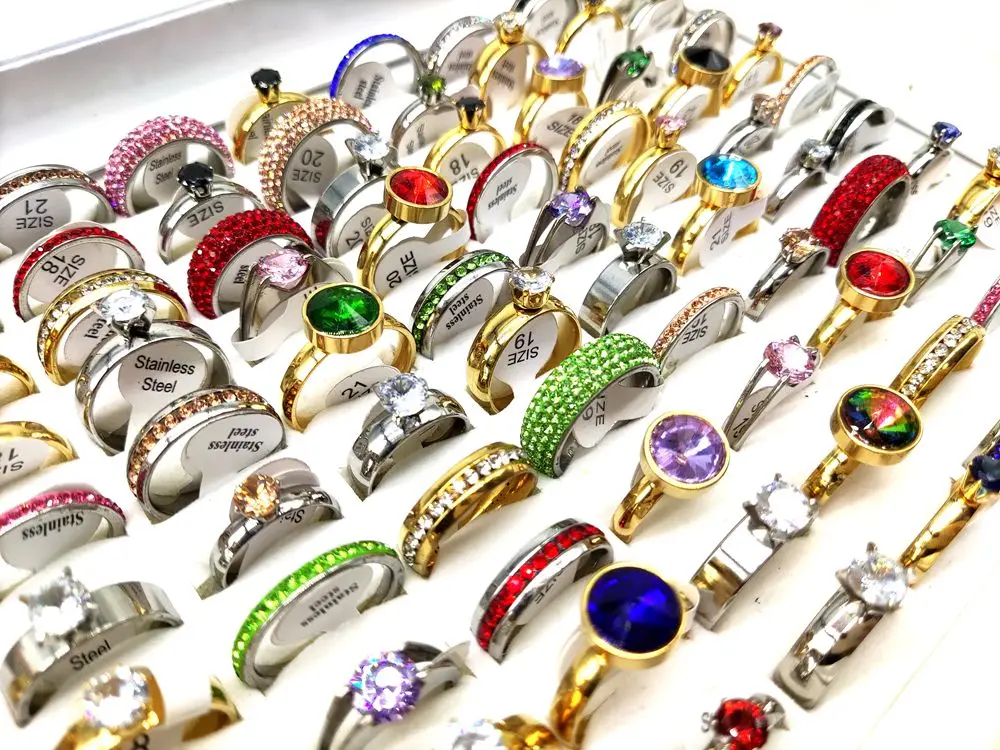 50pcs/lot Luxury Exquisite Multi-Colored Zircon Mix Stainless Steel Ring Men Women Wedding Ring Wholesale Bulk Jewelry Lot 5