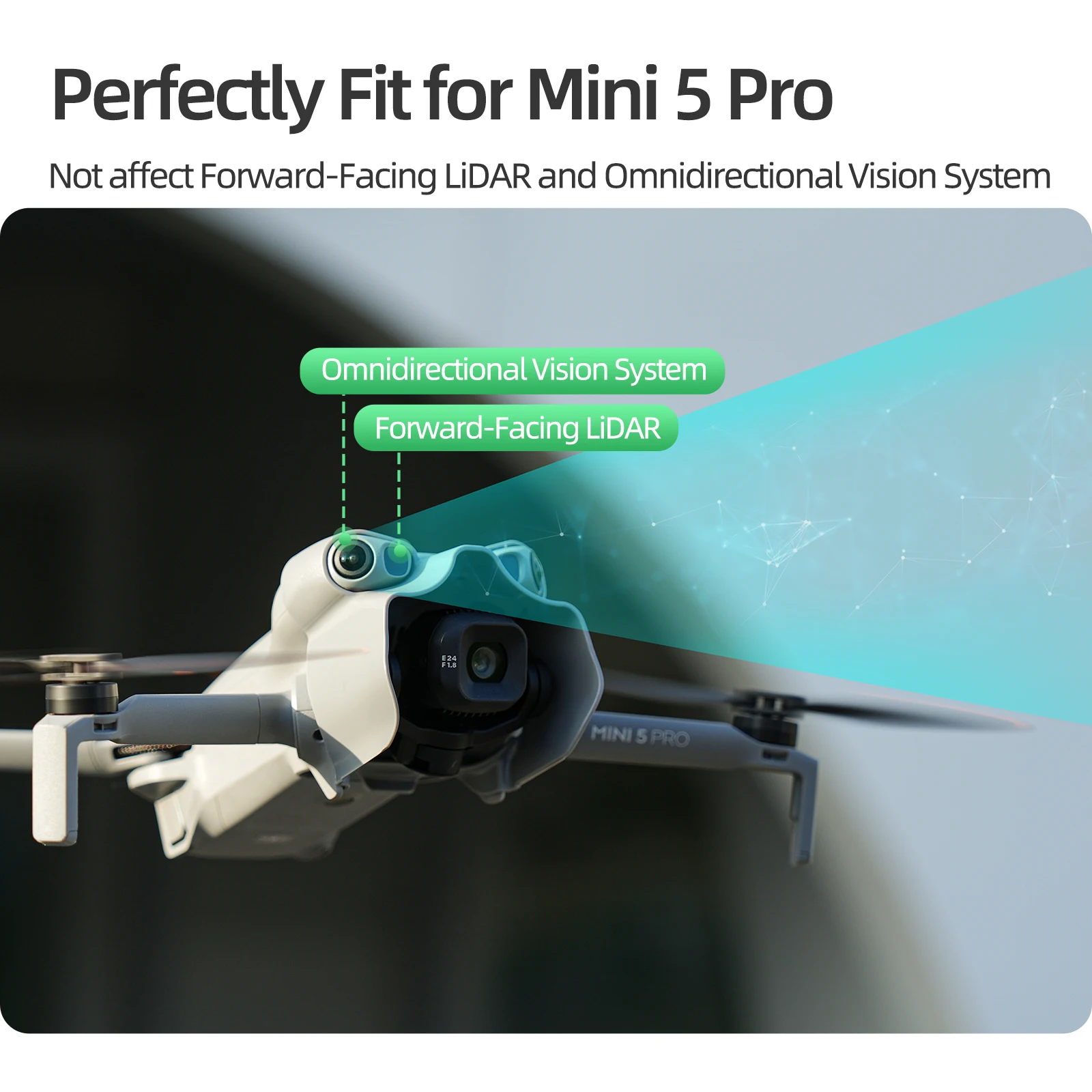 Pare-soleil pour DJI Mini 5 Pro installé, illustrant la protection contre la lumière parasite en vol.