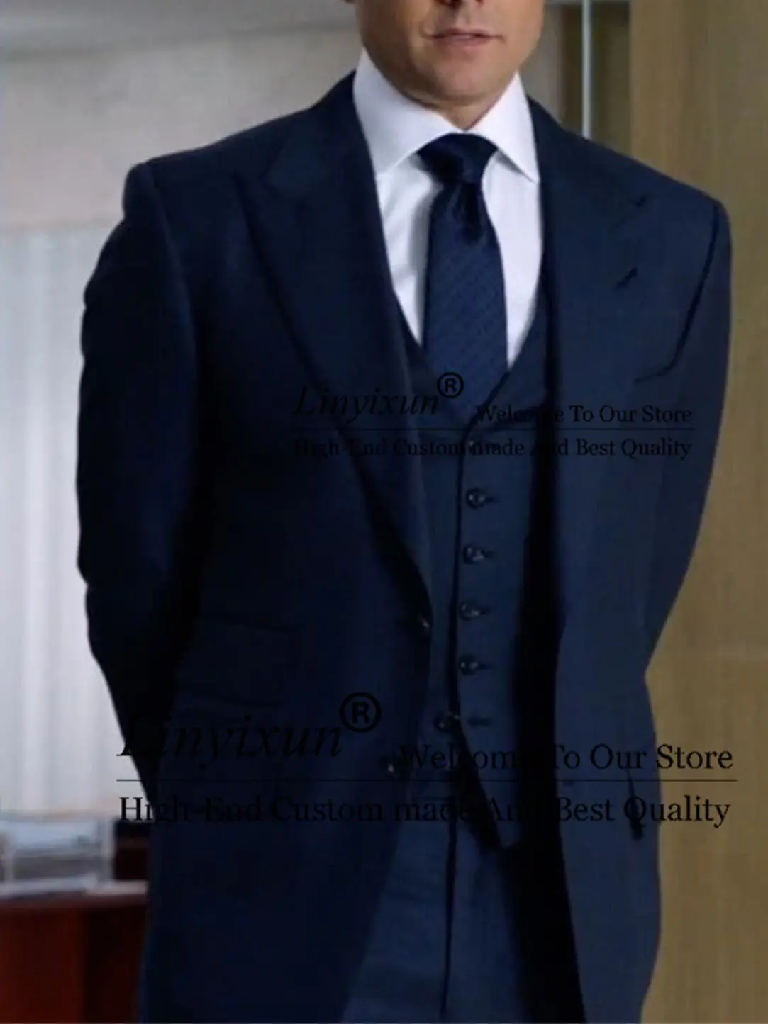 

Деловые синие костюмы для мужчин, облегающий строгий костюм из 3 предметов, Блейзер, жилет, брюки