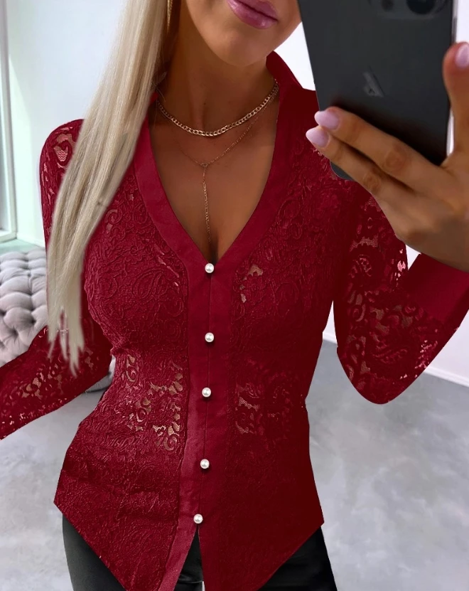 

Fashion Woman Blouse Spring Buttoned Long Sleeve Sexy V-Neck Plain Long Sleeve Skinny Daily Lace Top Y2K Clothes