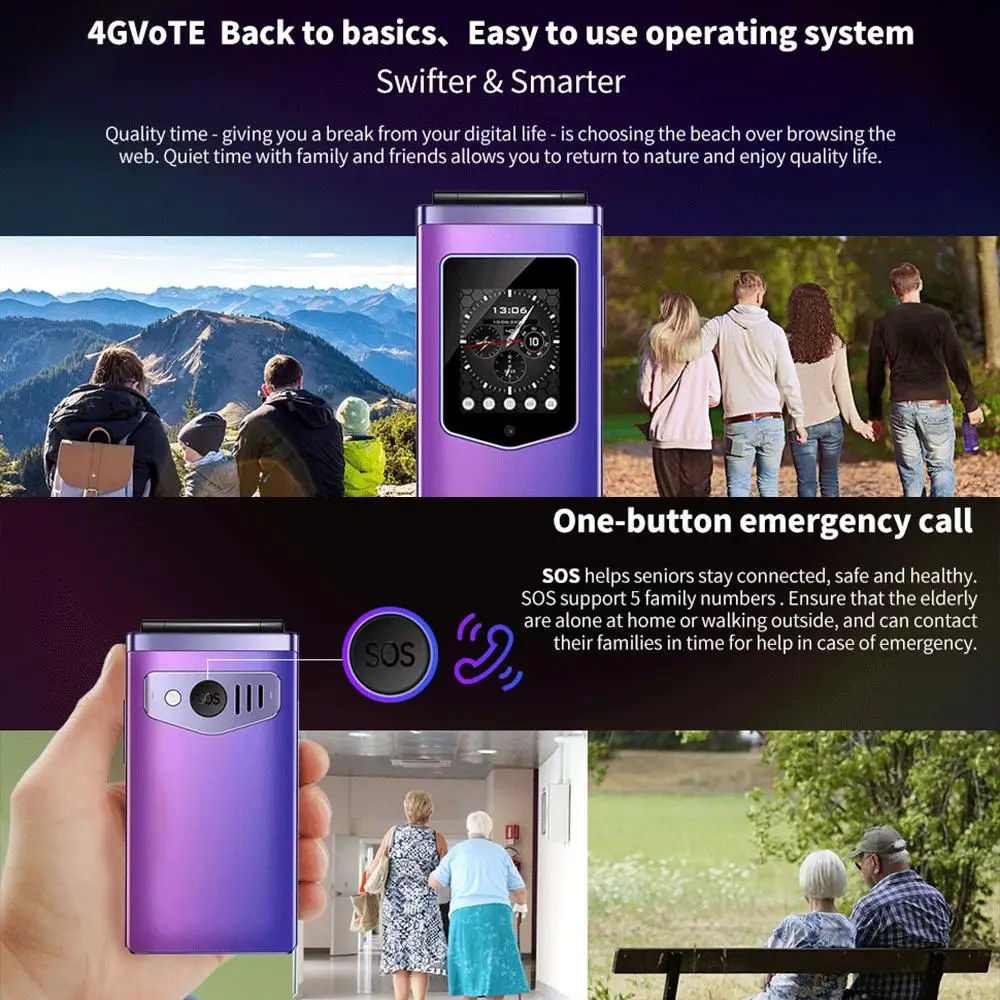 HAMTOD T8 4G Flip Phone 128MB ROM 48MB RAM 2.8 inch + 1.77 inch VoLTE BT SOS OTG 1500mAh Battery 0.3MP Camera Cellphone 3