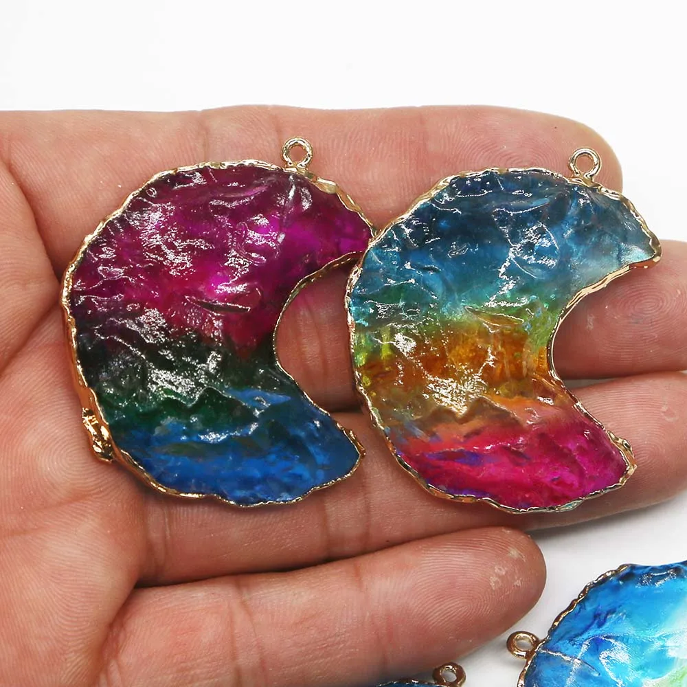 Natural Semi Precious Stone Color Crystal Crescent Gold Edged Necklace Pendant Charms Quality Jewelry Accessories Wholesale 8Pcs