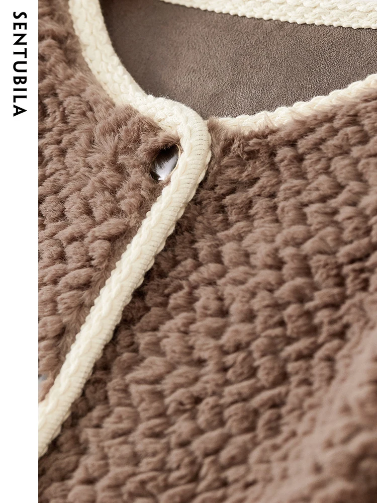 SENTUBILA Winter Faux Fur Coat Women 2023 Elegant Loose O-Neck Short Jacket Autumn Warm Granular Velvet Outerwear Top W34P50026