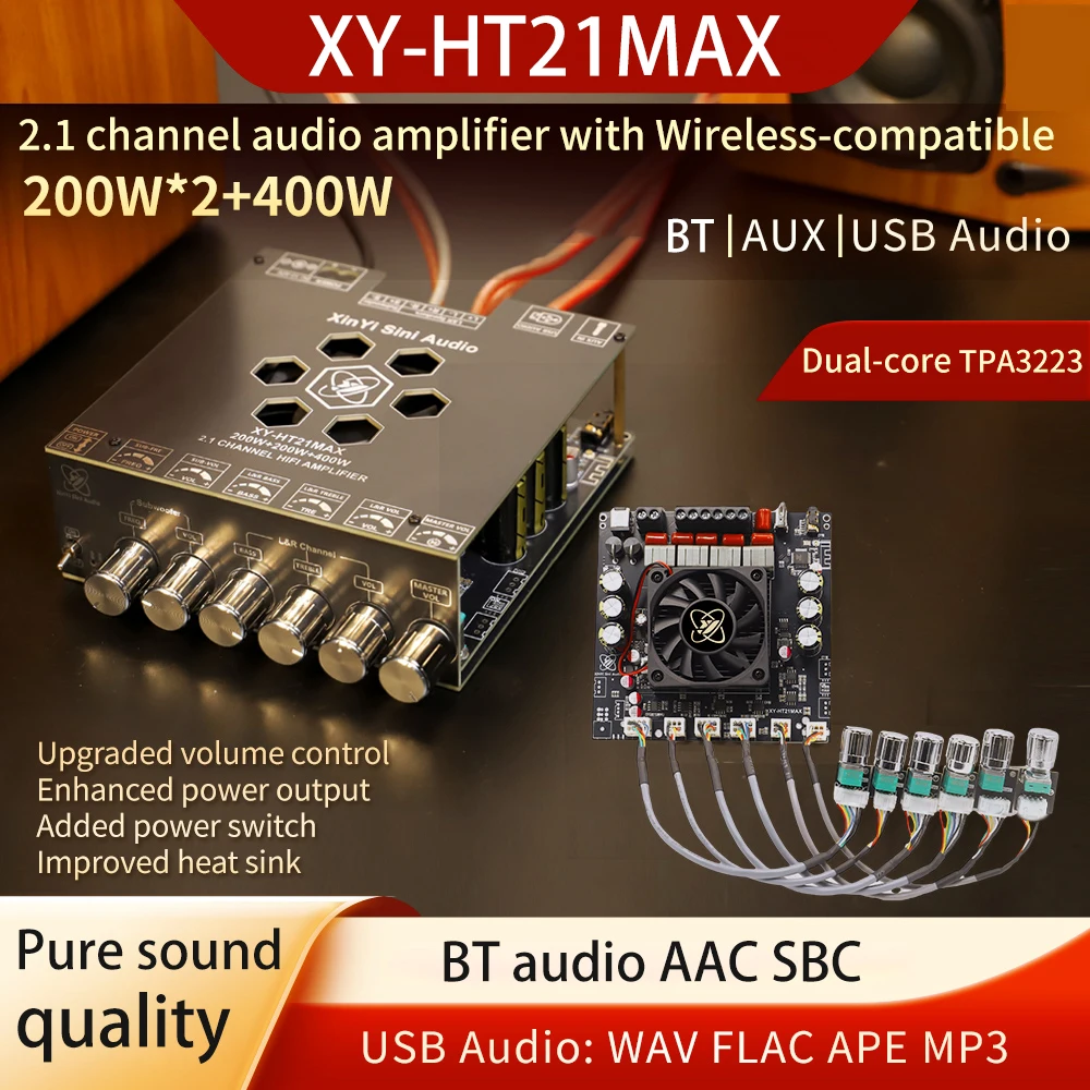 XY-HT21 amplificateur Audio numérique 2.1 canaux double cœur TPA3223 200W * 2 + 400W amplificateur de puissance Bluetooth caisson de basses haute tonalité amélioré