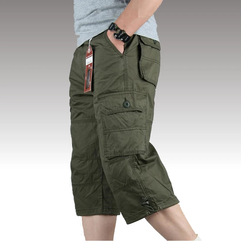 

Knee Length Cargo Shorts Men Summer Multi-Pocket Casual Cotton Elastic Capri Pants Male Military Tactical Hot Breeches Short 5XL