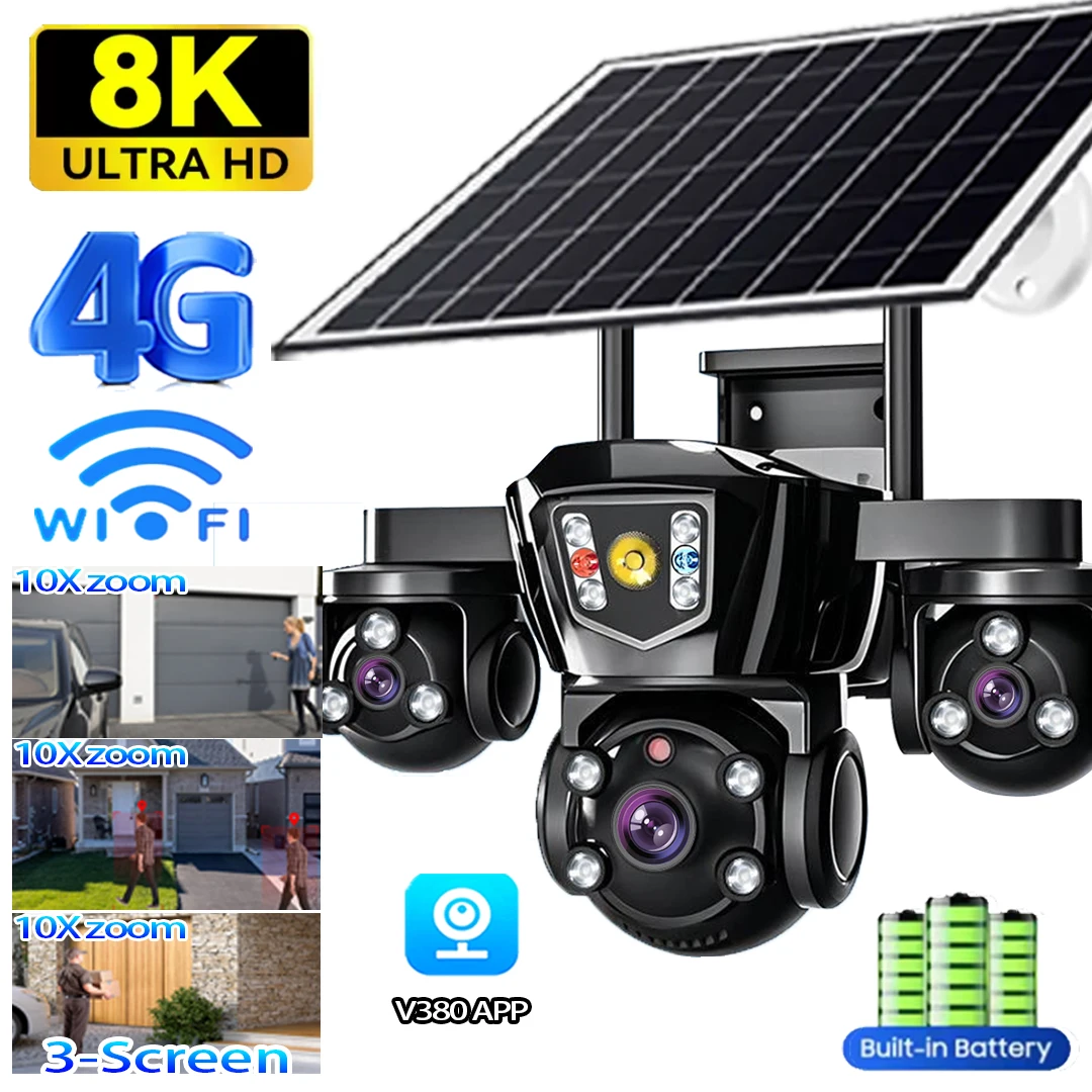 15MP 3 objectifs trois écrans 4G Sim caméra solaire Surveillance extérieure WiFi 10X Zoom numérique suivi automatique caméras de sécurité V380 Pro 1