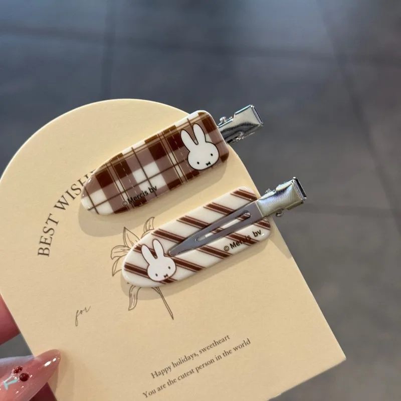 Miffy Cartoon Hairpin - Cute Fresh Curry Color Checkered Bangs Clip