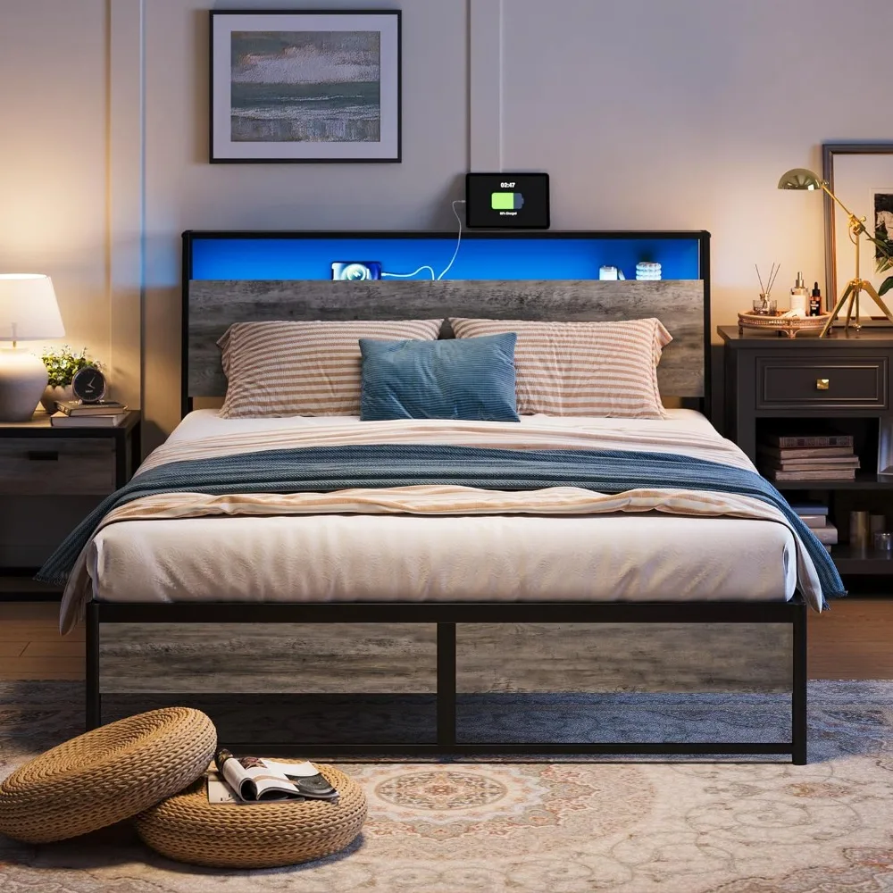 

Full-size Bed Frame, Platform Metal Bed Frame with Light, Socket, Easy To Assemble, with Storage, No Spring Box Required, Grey