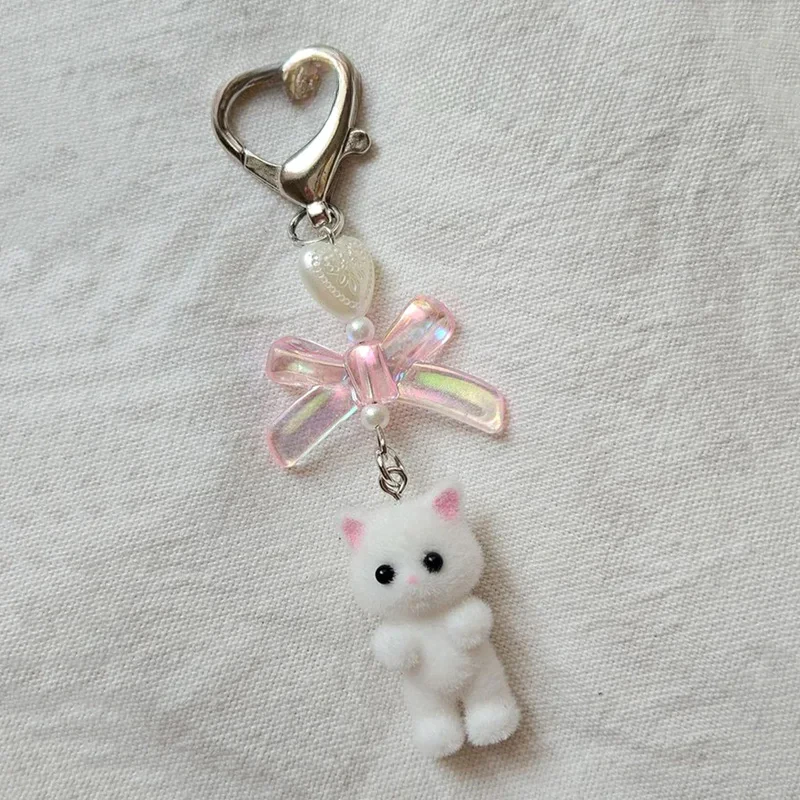 Portachiavi A Forma Di Gatto 3D Kawaii Y2K, Ciondolo In Resina E Peluche Con Fiocco, Colori Rosa/bianco/nero, Con Sacchetto Di Velluto In Omaggio - 4