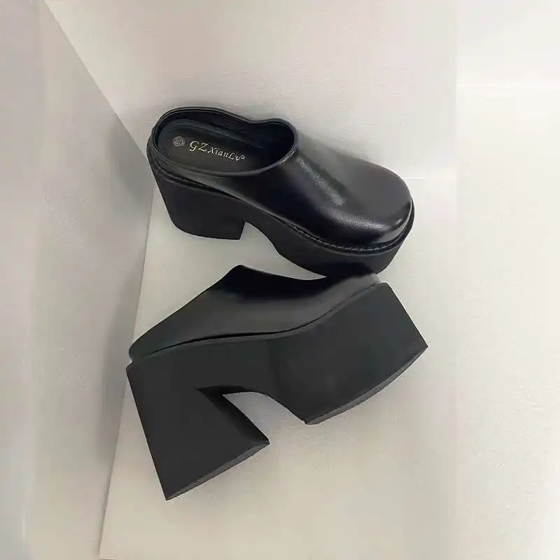 13cm Chunky Heeled Slippers Black Platform Round Toe Sandals Women High Heels Slippers Summer Patent Leather Leisure Shoes