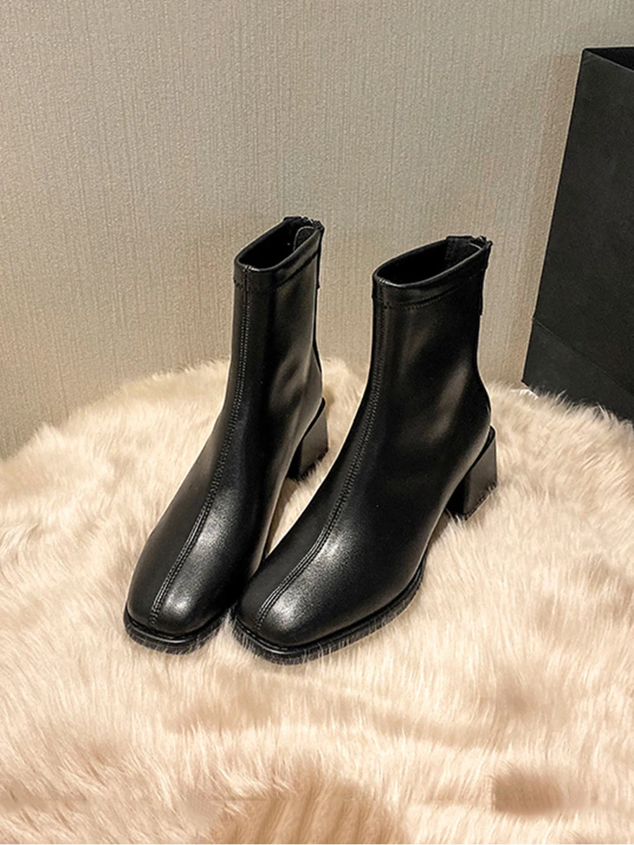 

Новинка 2023, осенне-зимние облегающие короткие ботинки из натуральной кожи на толстой подошве и толстом каблуке с бархатной подкладкой для теплых женских сапог