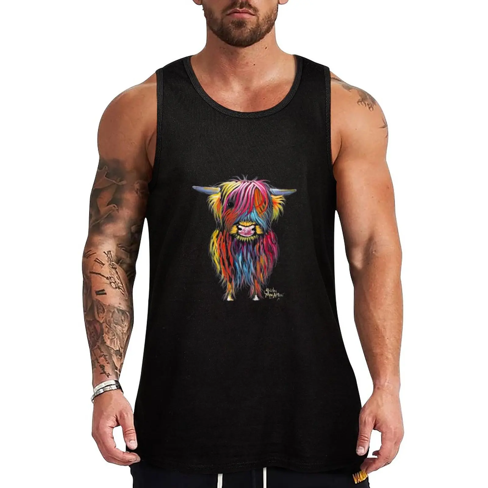 

Scottish Hairy Highland Cow ' BRAVEHEART ' by Shirley MacArthur Tank Top t-shirts for Men's gym sleeveless gym shirt man fitness