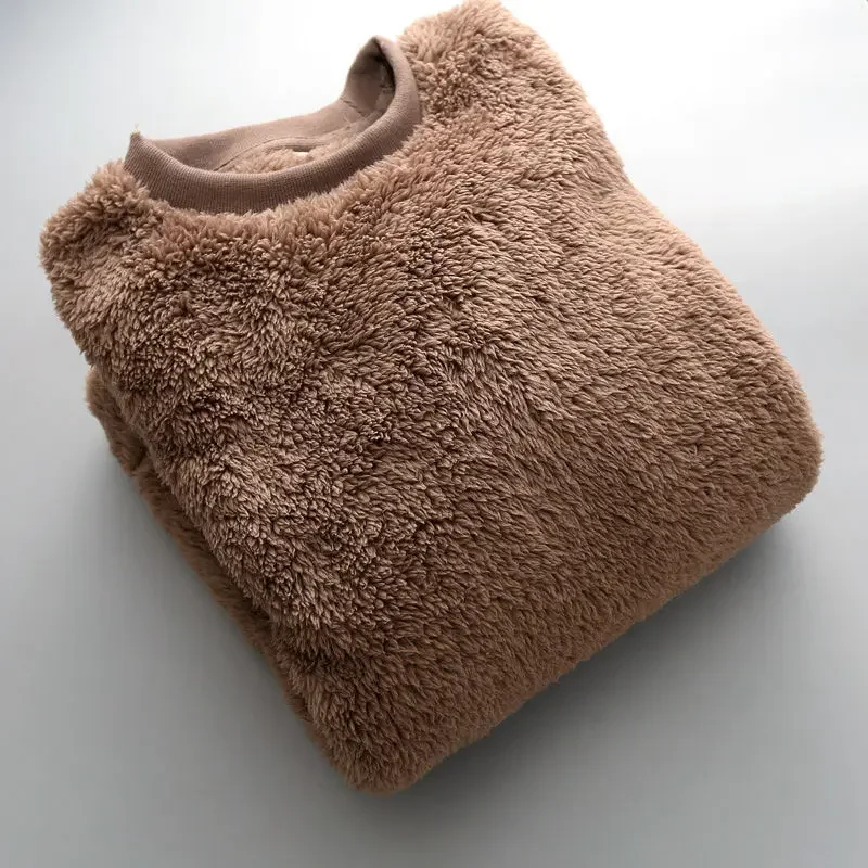 2024 Men's Round Neck Pullover Sweatshirt Plain Soft Plush Thermal Tops Double-sided Coral Velvet Home Wear Outside Sweatshirts