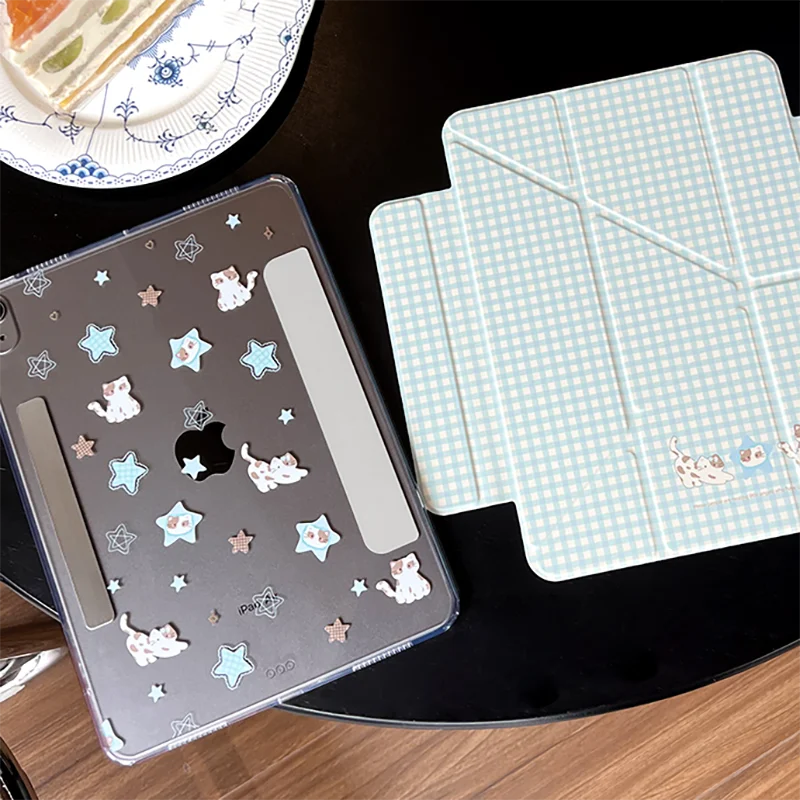 Blue Plaid Cat Magnetic Detachable Tablet Case with Acrylic Shell and PU Cover, Y-Fold Design