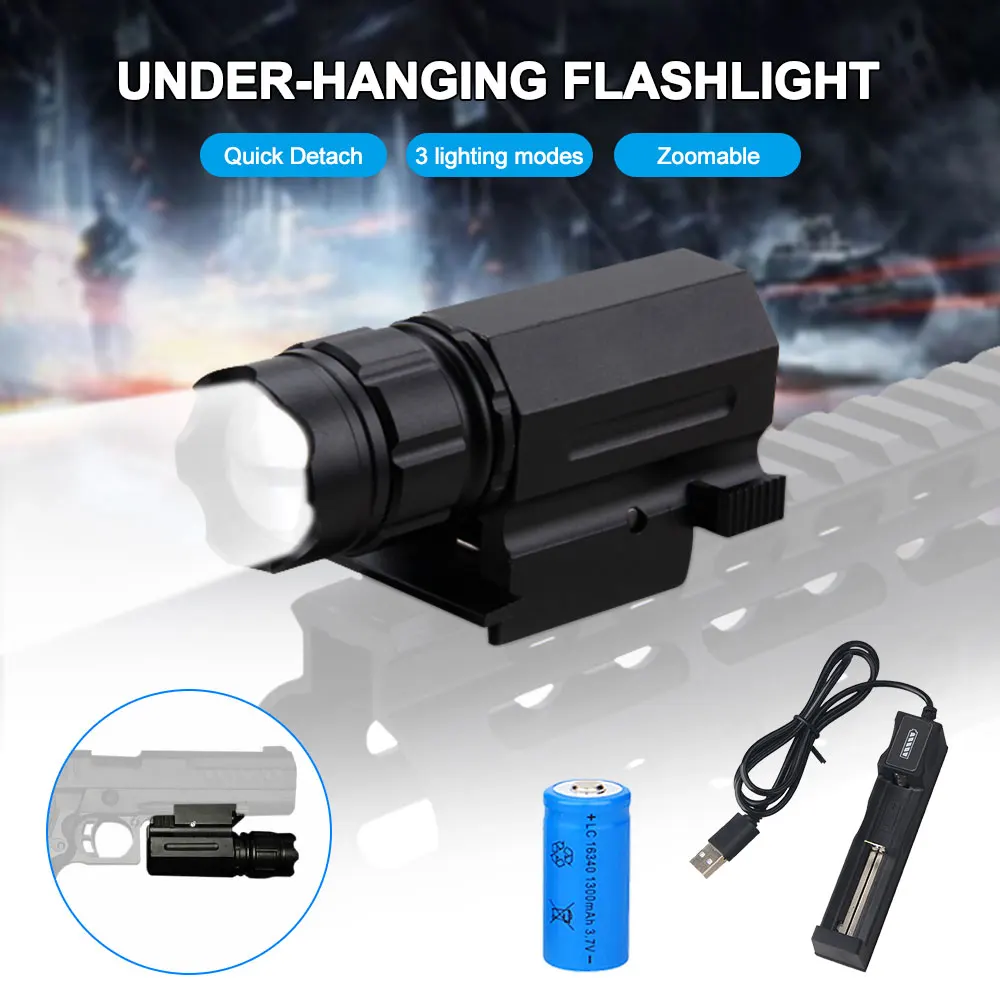 

LED Shotgun Rifle Glock LED Gun Tactical Flashlight Outdoors Hunting Zoomable Rechargeable 3 Mode Mount Torch Light