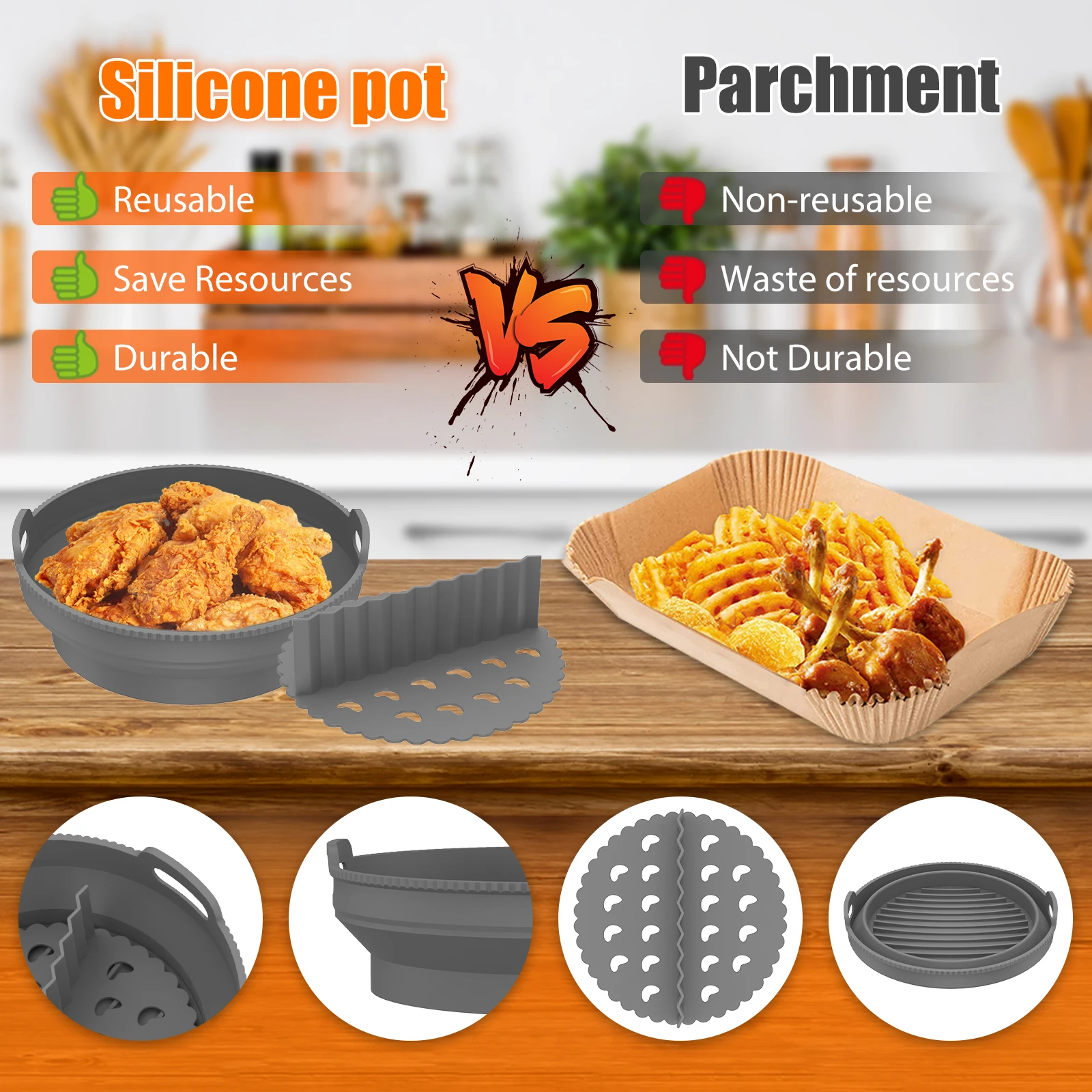 1/6Set Air Fryer Silicone Liner Pan with Divider Multipurpose Air Fryer Silicone Basket Foldable Tray Kitchen Cooking Tools