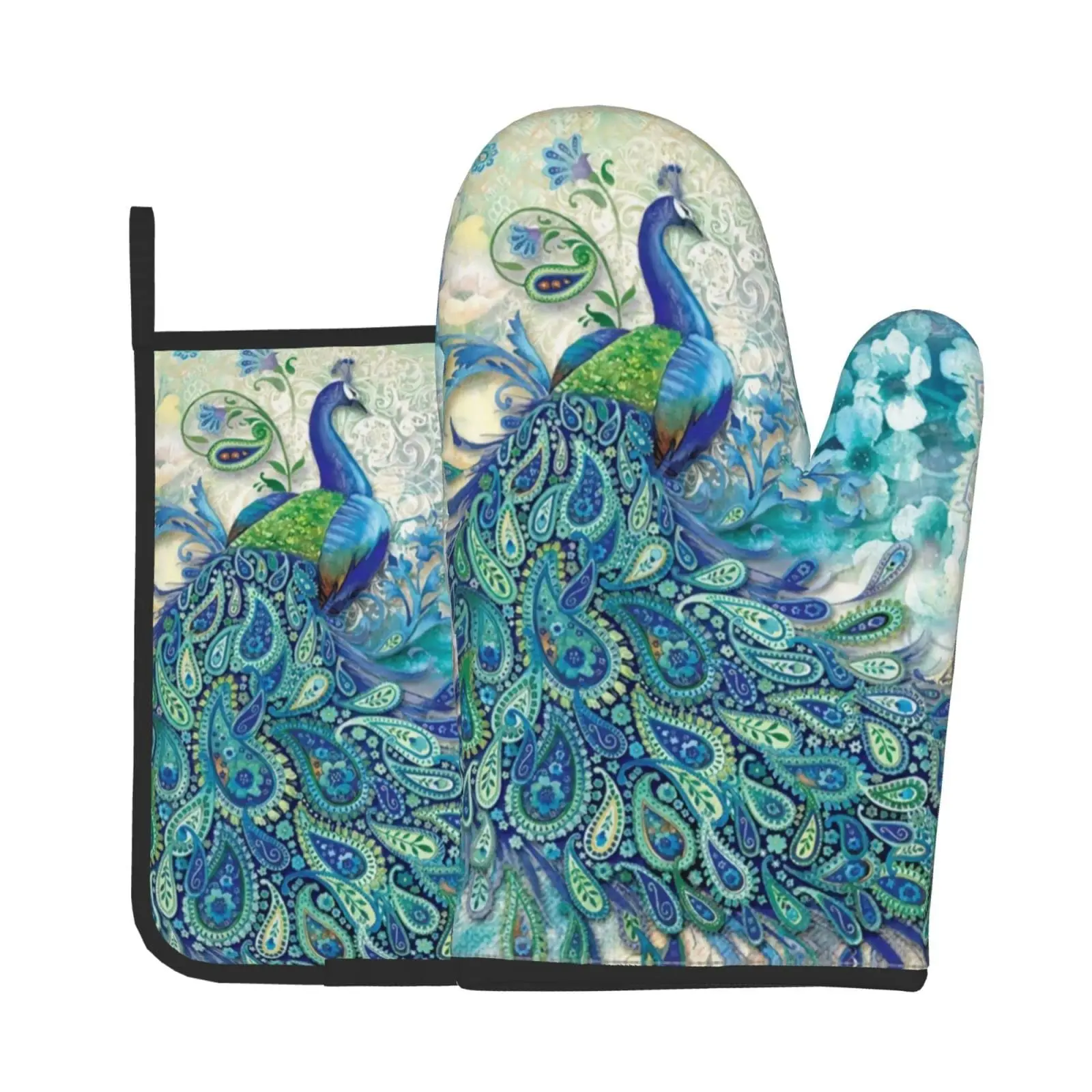 

Варежки для духовки с изображением павлина и цветов, термостойкие кухонные прихватки для микроволновой печи, Нескользящие подставки для гриля, приготовления пищи, барбекю