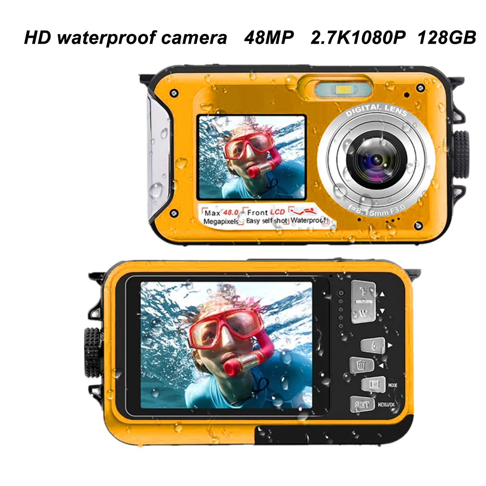Caméra sous-marine 2.7K 48MP étanche 10m - Double écran selfie, sous-marin avec poissons corail