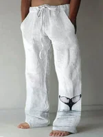 Fashion new simple pattern printed men's casual pants comfortable bamboo linen handsome straight pants loose daily leisure 1