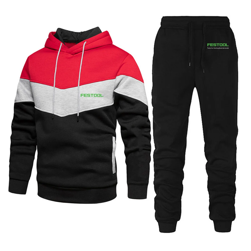 Festool 2023 Spring and Autumn New Men Casual Three Color Stitching Patchwork Hoodies+ Comfortable Trousers Set