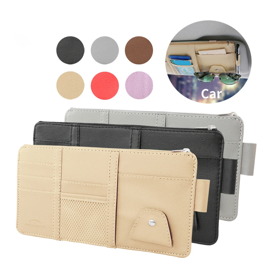 Sun visor organizer Car Sun Visor Organizer Storage Travel Document Holder Multi-Pocket PU Leather Cards Receipts Pouch Zip