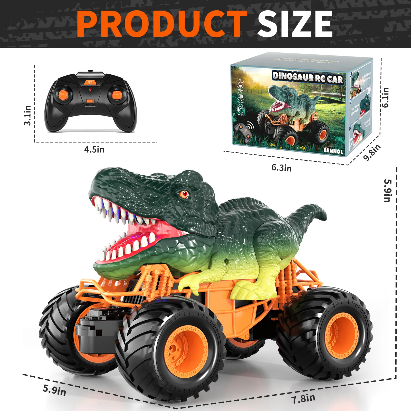 Remote Control Dinosaur Car, 2.4Ghz RC Truck for Toddlers, Electric Hobby RC Car Toys with Light & Sound Spray Birthday Gift for 2