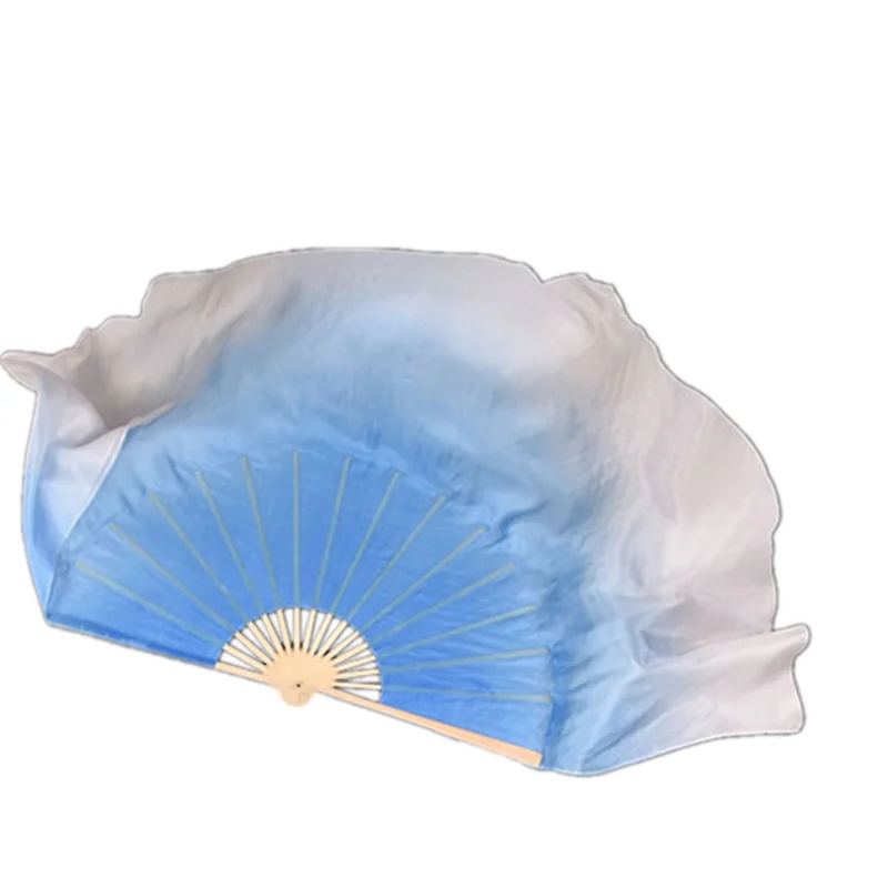 Light Blue Silk Veil 1Pair Real Silk Bamboo Double-Sided Chinese Yangko Performance Fan Veil Half Circle Mon Round Shape Flowy