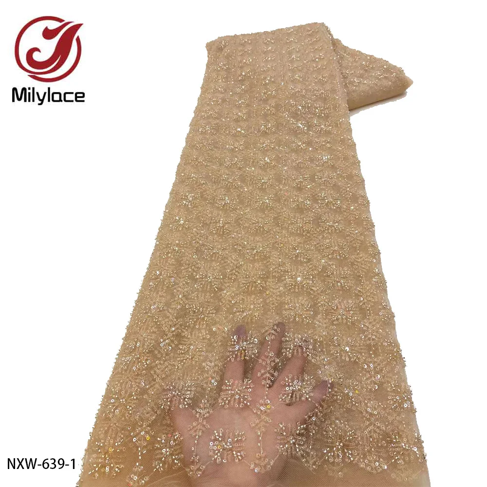 

Fashion French Embroidery Beaded Lace Fabric African Nigerian Sequins Lace Fabric for Wedding Dress NXW-639