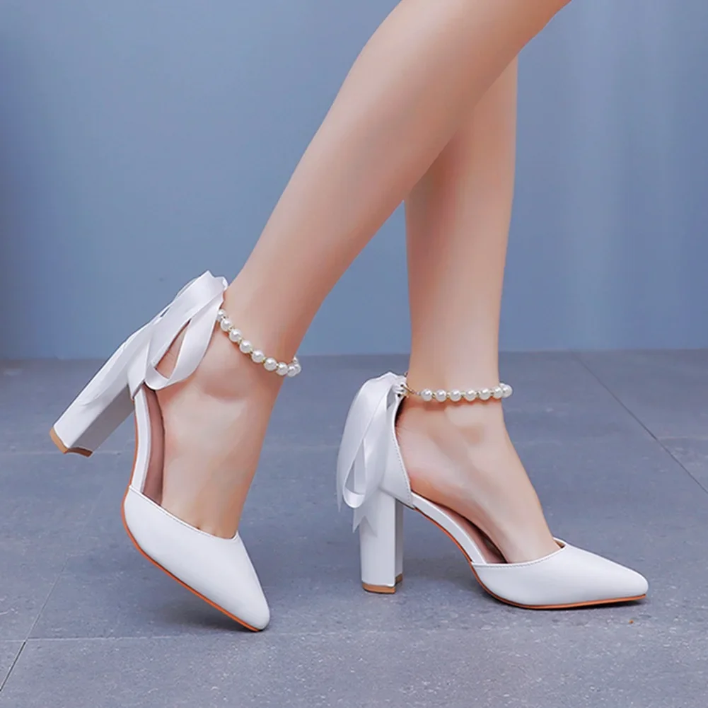 Women's New Luxury Pearl Rhinestone Wedding Party Thick High-heeled Hollow Pointed Single Shoes