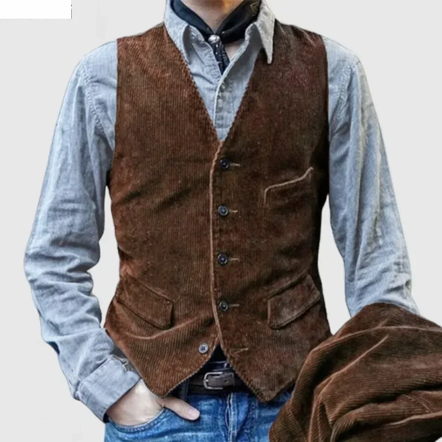 Gilet vintage style britannique en velours côtelé pour homme - Veste sans manches élégante décontractée cintrée