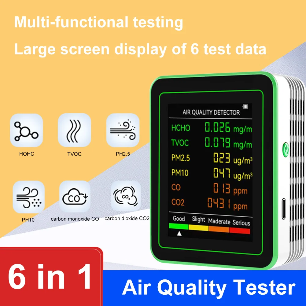 6 In 1 Air Quality Monitor Carbon Dioxide TVOC HCHO Detector Multifunctional Formaldehyde Detector Accurate CO2 Meter for Indoor