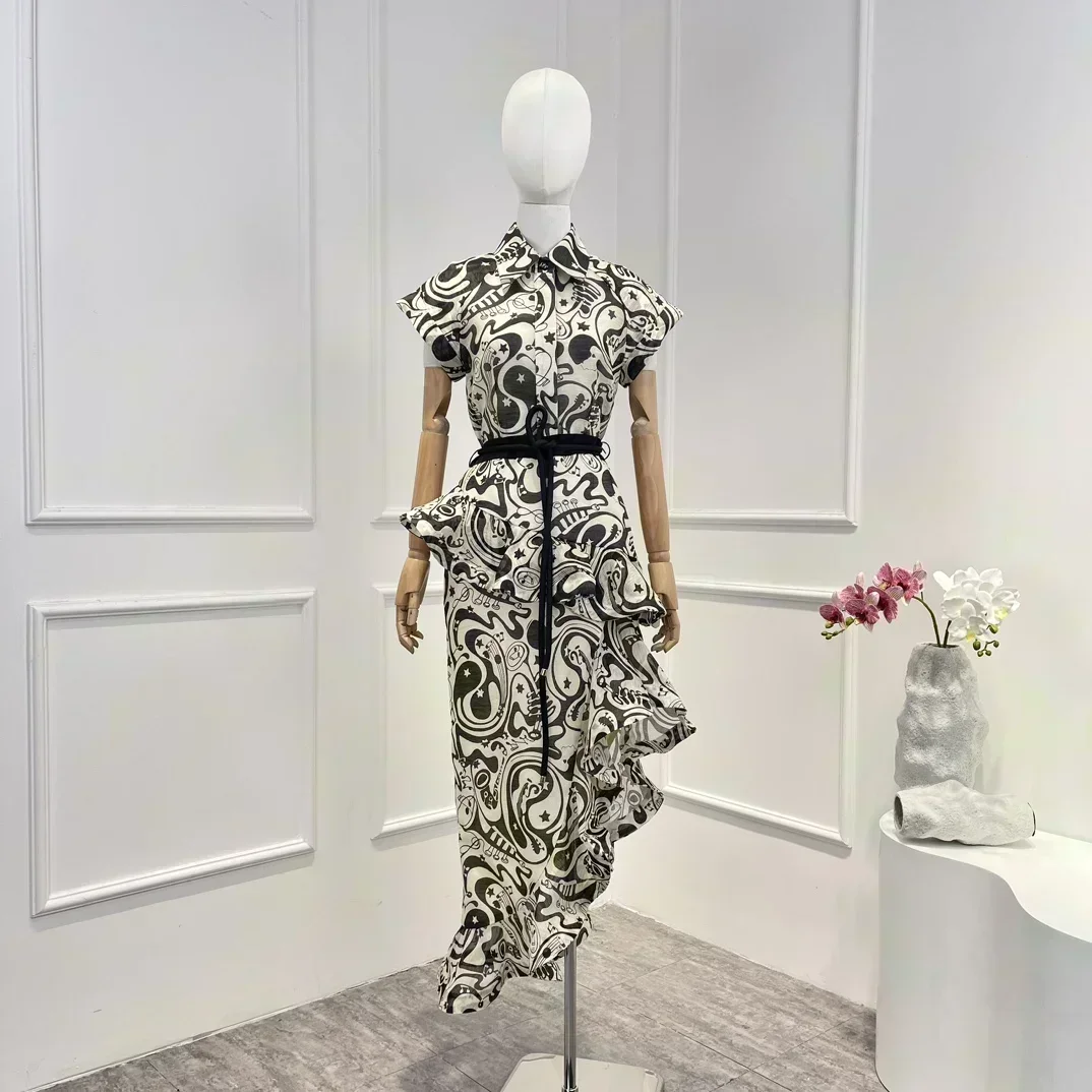 

2023 New Silk Linen High Quality Geometric Printing Lady Short Sleeve Blouse and Drawstring Irregular Midi Skirt Woman Outfit