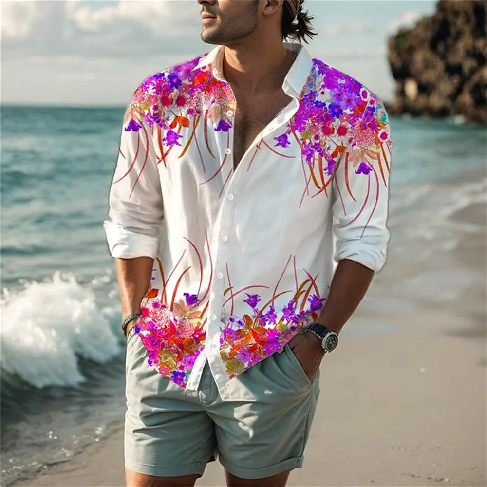 

New men's flower 3D printed lapel long sleeved single breasted cardigan shirt summer fashion beach vacation casual clothing
