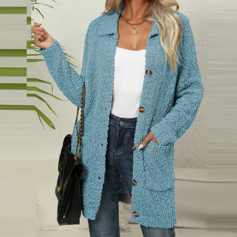 

Fashion Solid Pocket Cardigan 2023 Elegant Fleece Single Breasted Straight Jacket Casual Lady Lapel Neck Long Sleeve Autumn Coat