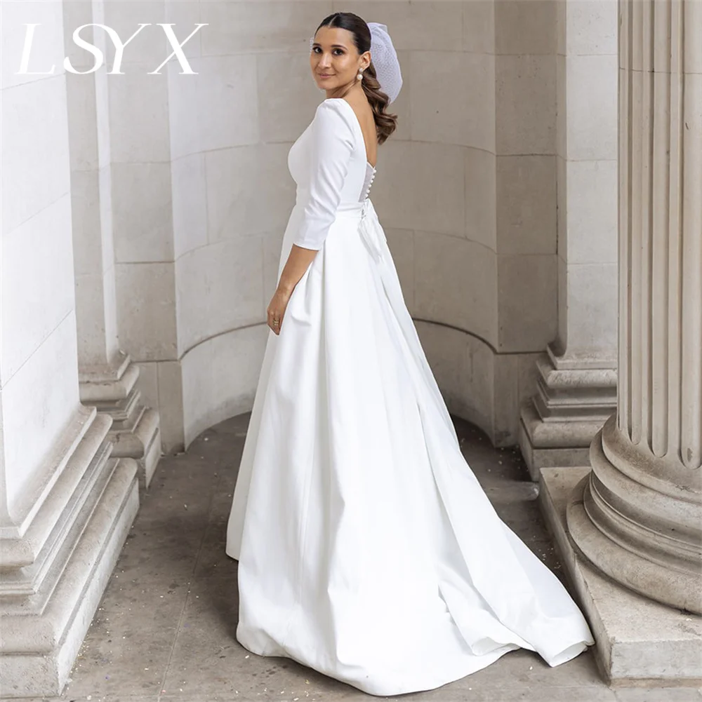 

LSYX O-Neck Crepe A-line Three-Quarter Sleeves Wedding Dress For Women Button Illusion Back Court Train Bridal Gown Custom Made