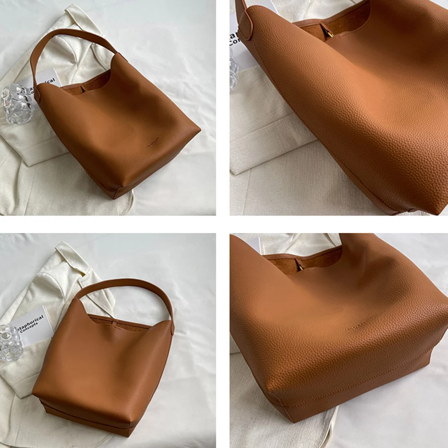 Casual Simple Commuting Soft Pu Leather Bucket Bags Women Korean Style  Fashion Large-capacity Vintage All-match Composite Bag - Shoulder Bags -  AliExpress