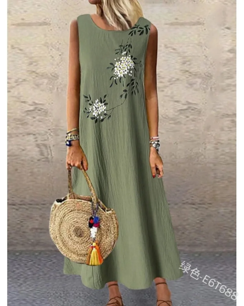 

Sundress Women Summer Dress Printing Sexy Dress Midi Oversized Casual Linen Loose Sleeveless Vintage Printed Long Maxi Dress