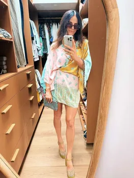 Bohemian Color Block Paisley Print Kimono Wrap Mini Dress Women V Neck 3/4 Sleeve Beach Cover Up Casual Short Dresses Summer 202